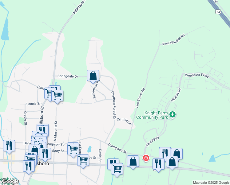 map of restaurants, bars, coffee shops, grocery stores, and more near 378 Chatham Forest Drive in Pittsboro
