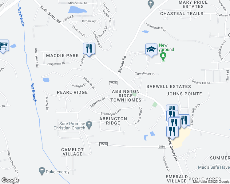 map of restaurants, bars, coffee shops, grocery stores, and more near 3801 Pearl Road in Raleigh