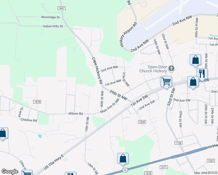 map of restaurants, bars, coffee shops, grocery stores, and more near 3809 1st Avenue Northwest in Hickory