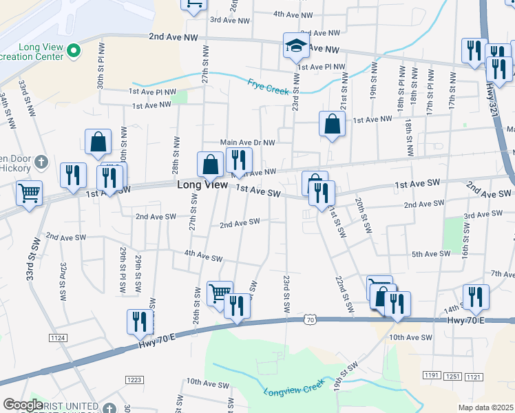 map of restaurants, bars, coffee shops, grocery stores, and more near 2430 2nd Avenue Southwest in Hickory