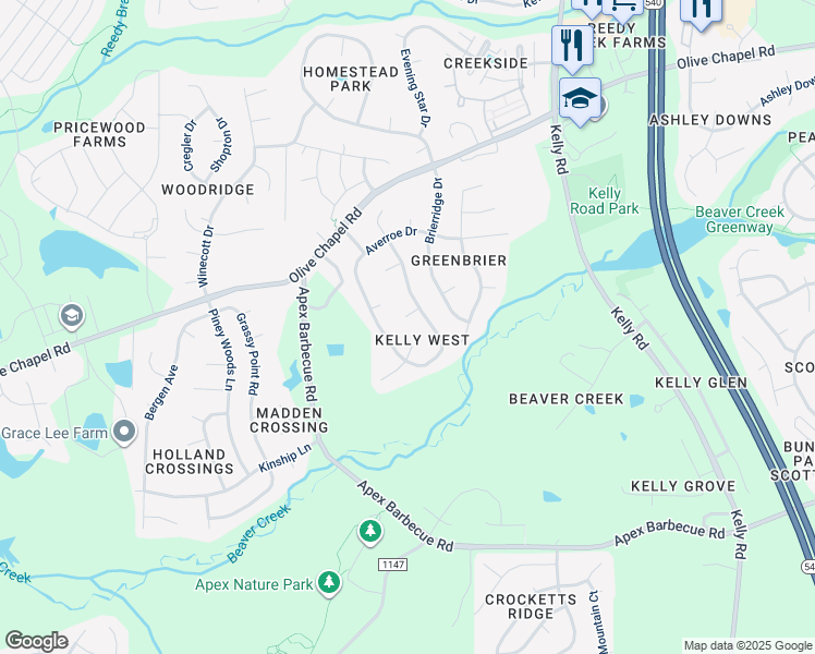 map of restaurants, bars, coffee shops, grocery stores, and more near 105 Cabin Wood Court in Apex