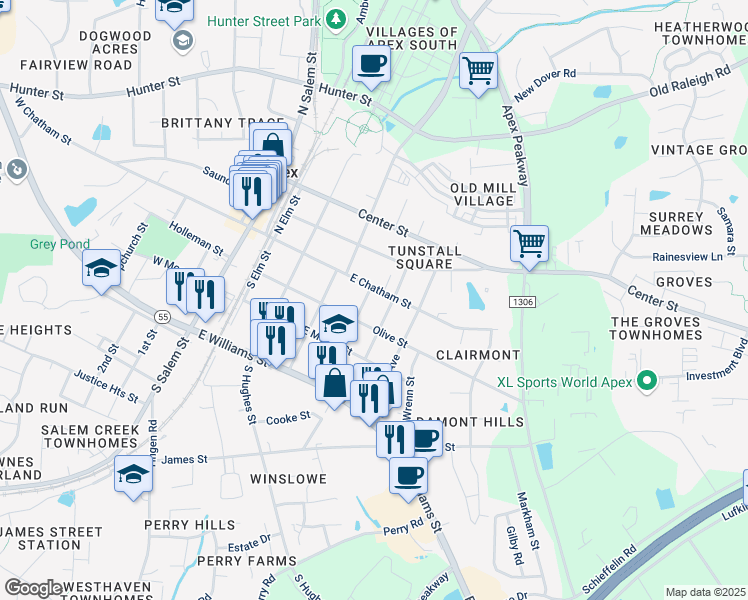 map of restaurants, bars, coffee shops, grocery stores, and more near 105 Cunningham Street in Apex
