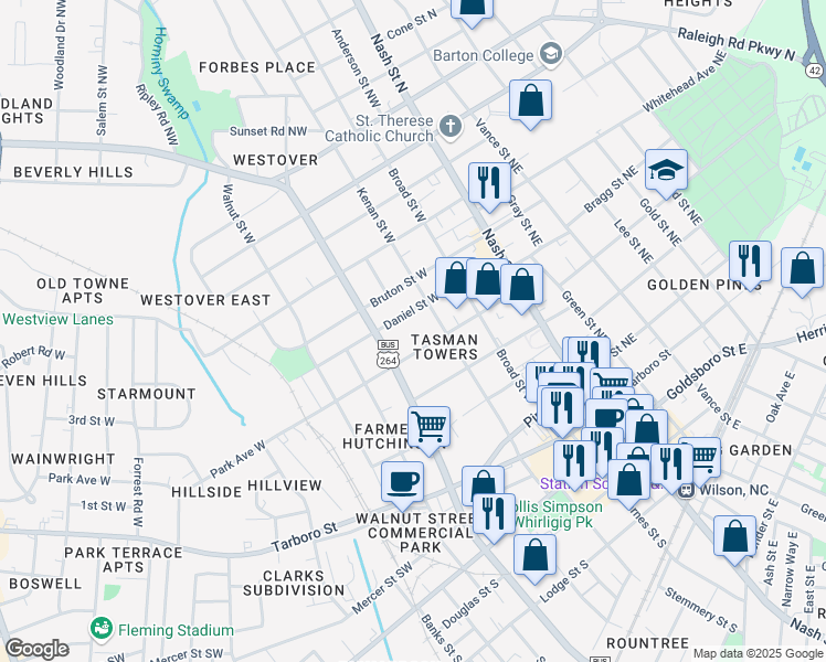 map of restaurants, bars, coffee shops, grocery stores, and more near 309 Daniel Street West in Wilson