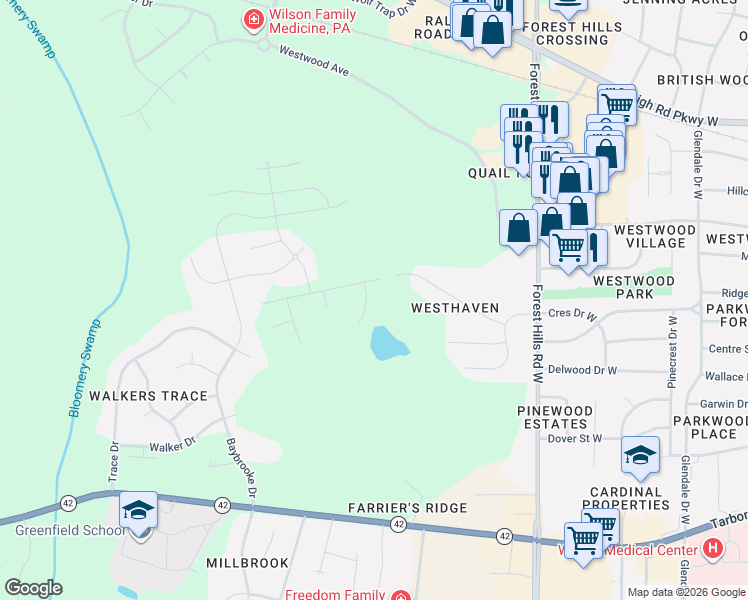 map of restaurants, bars, coffee shops, grocery stores, and more near 2913 Blackberry Court West in Wilson