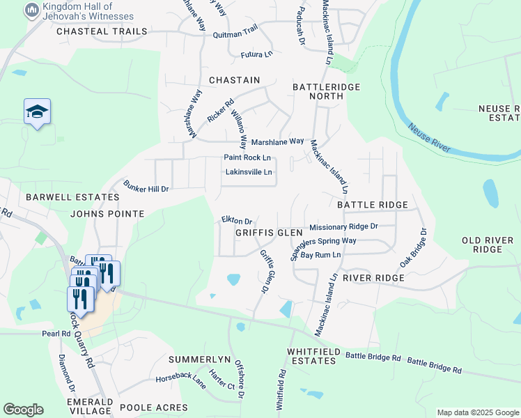 map of restaurants, bars, coffee shops, grocery stores, and more near 3802 Griffis Glen Drive in Raleigh