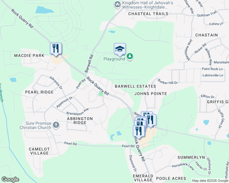 map of restaurants, bars, coffee shops, grocery stores, and more near 5909 Rock Quarry Road in Raleigh