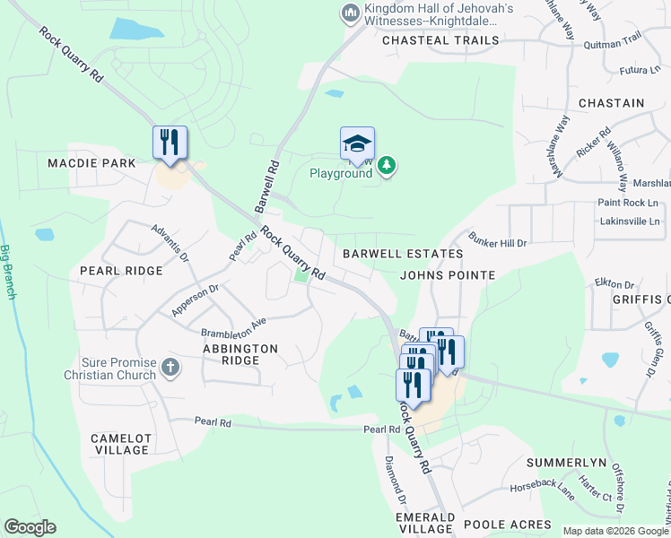 map of restaurants, bars, coffee shops, grocery stores, and more near 5909 Rock Quarry Road in Raleigh