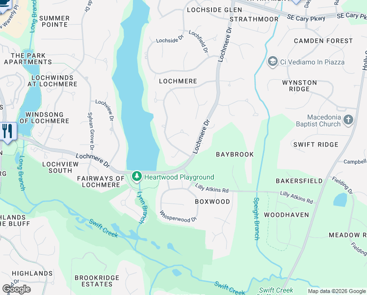 map of restaurants, bars, coffee shops, grocery stores, and more near 102 Windy Rush Lane in Cary