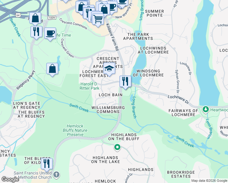 map of restaurants, bars, coffee shops, grocery stores, and more near 402 Palace Green in Cary