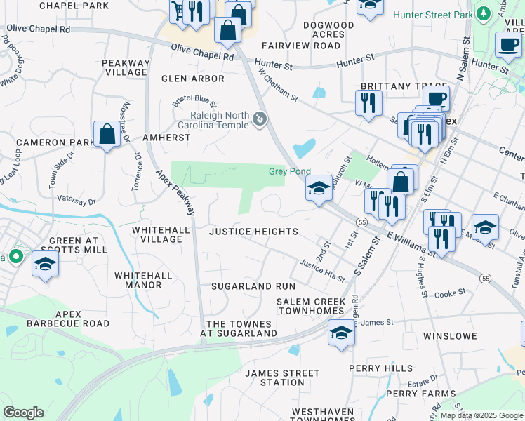map of restaurants, bars, coffee shops, grocery stores, and more near 641 Upchurch Street in Apex