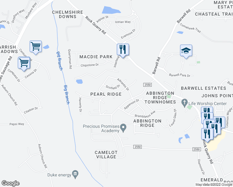 map of restaurants, bars, coffee shops, grocery stores, and more near 4032 Grandover Drive in Raleigh