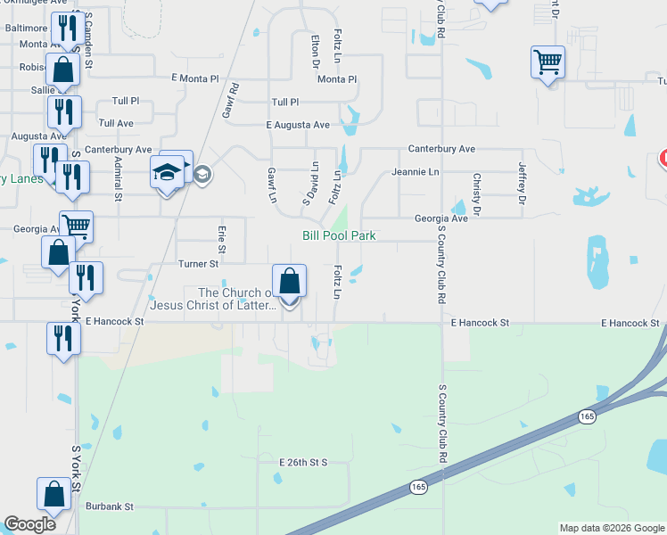 map of restaurants, bars, coffee shops, grocery stores, and more near 1204 Turner Place in Muskogee