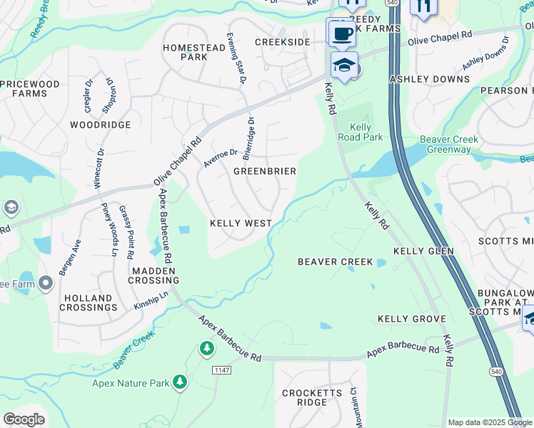 map of restaurants, bars, coffee shops, grocery stores, and more near 509 Brickstone Drive in Apex