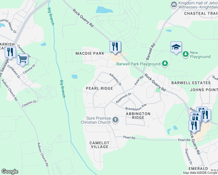 map of restaurants, bars, coffee shops, grocery stores, and more near 4032 Grandover Drive in Raleigh