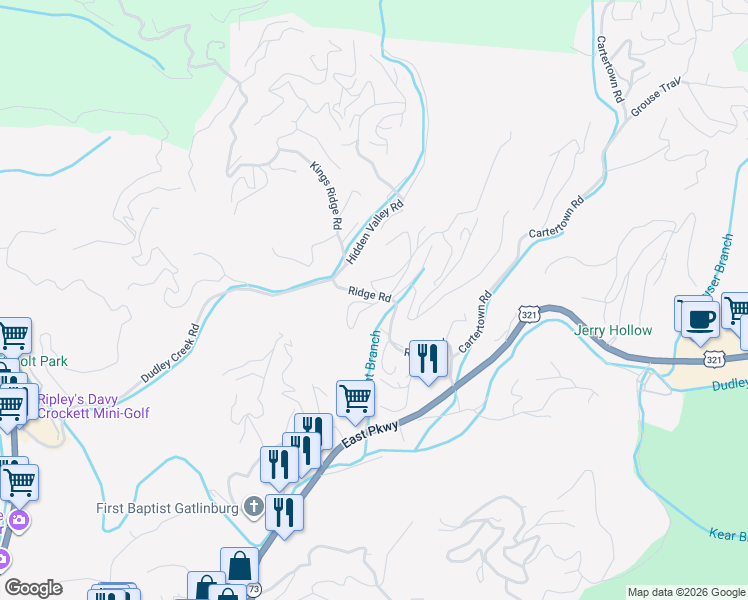 map of restaurants, bars, coffee shops, grocery stores, and more near 550 Ridge Road in Gatlinburg