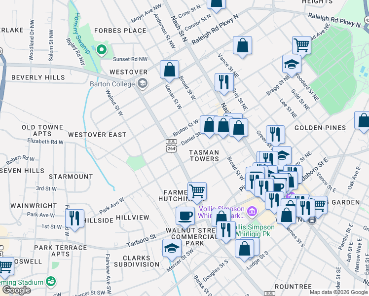 map of restaurants, bars, coffee shops, grocery stores, and more near 309 Daniel Street West in Wilson