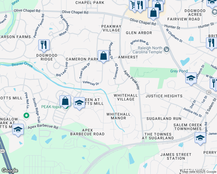 map of restaurants, bars, coffee shops, grocery stores, and more near 1121 Bexley Hills Bend in Apex