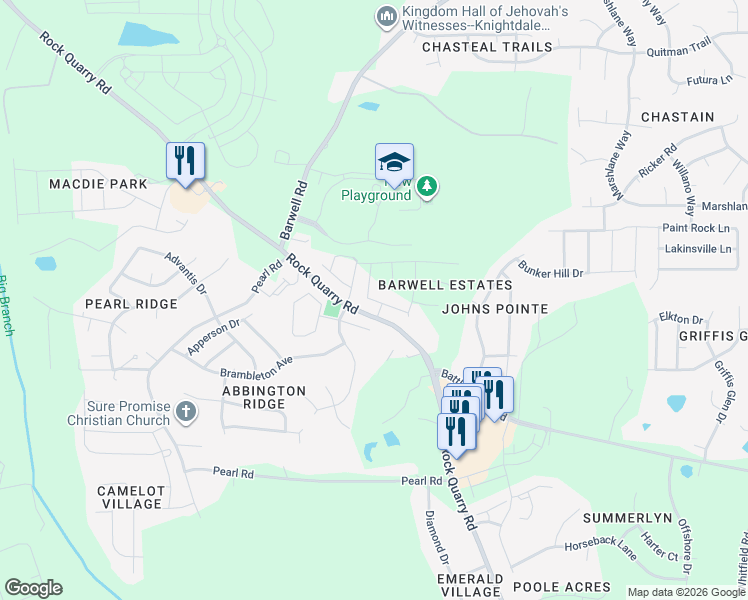 map of restaurants, bars, coffee shops, grocery stores, and more near 5909 Rock Quarry Road in Raleigh