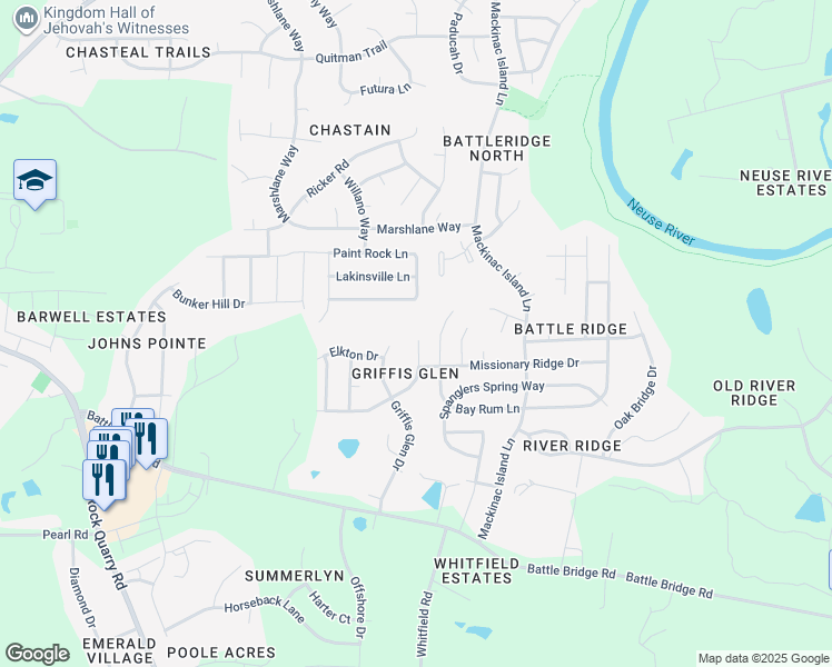 map of restaurants, bars, coffee shops, grocery stores, and more near 4265 Dalcross Road in Raleigh