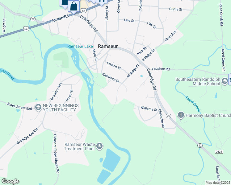 map of restaurants, bars, coffee shops, grocery stores, and more near 1328 West Ridge Street in Ramseur