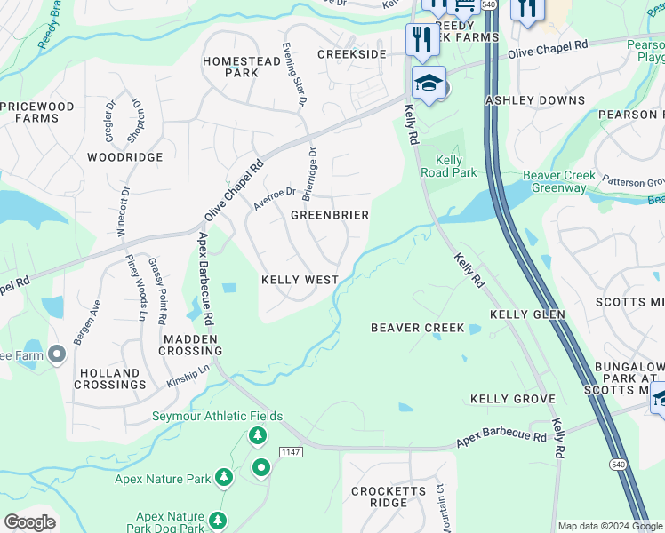 map of restaurants, bars, coffee shops, grocery stores, and more near 509 Brickstone Drive in Apex