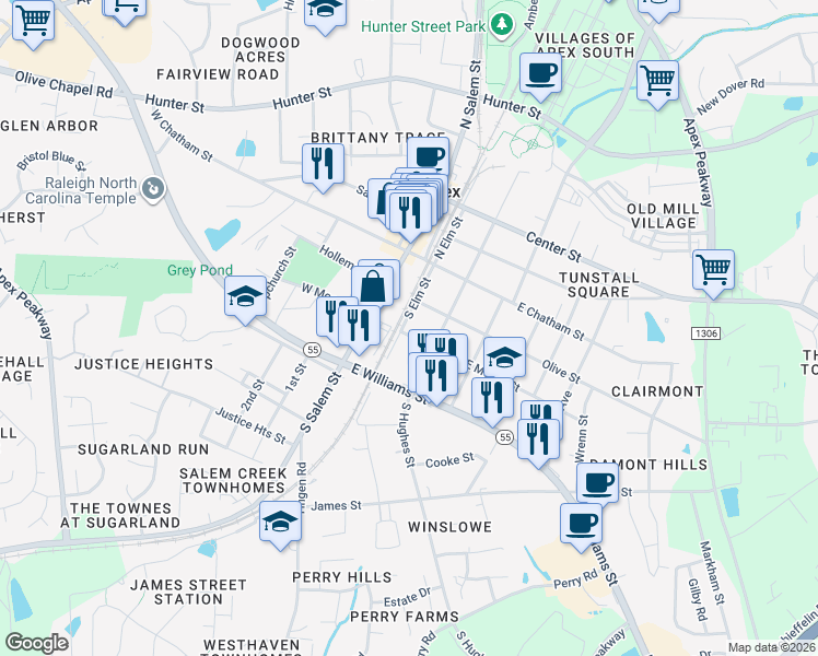 map of restaurants, bars, coffee shops, grocery stores, and more near 203 East Moore Street in Apex