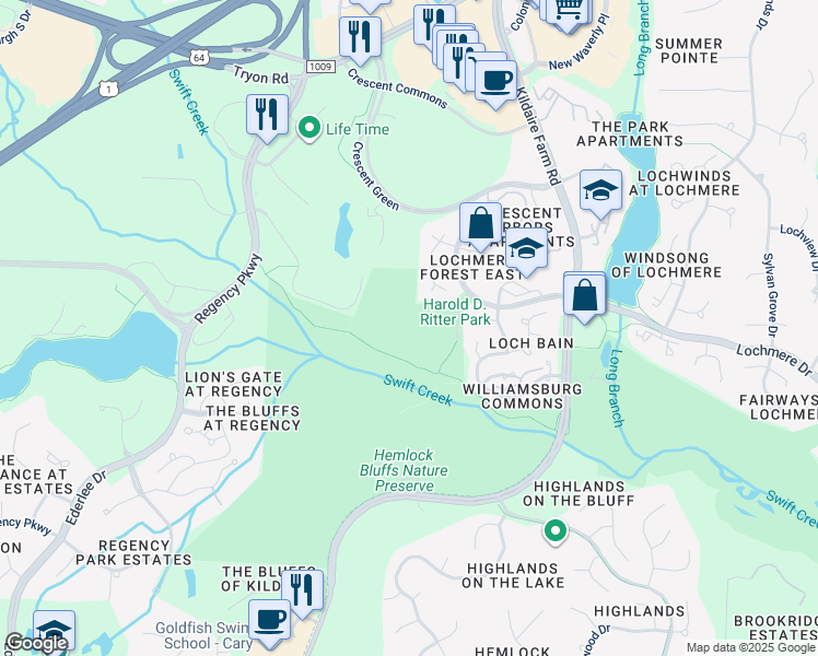 map of restaurants, bars, coffee shops, grocery stores, and more near 301 West Lochmere Drive in Cary