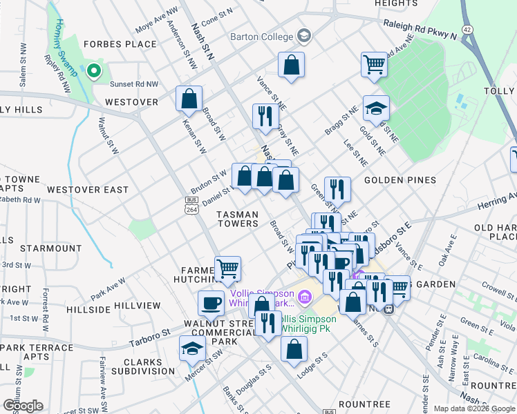 map of restaurants, bars, coffee shops, grocery stores, and more near 309 Broad St W in Wilson