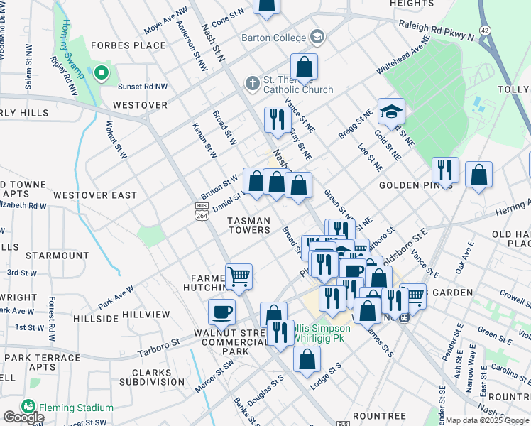 map of restaurants, bars, coffee shops, grocery stores, and more near 309 Broad St W in Wilson
