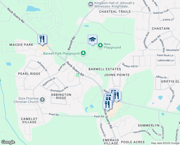map of restaurants, bars, coffee shops, grocery stores, and more near 5909 Rock Quarry Road in Raleigh