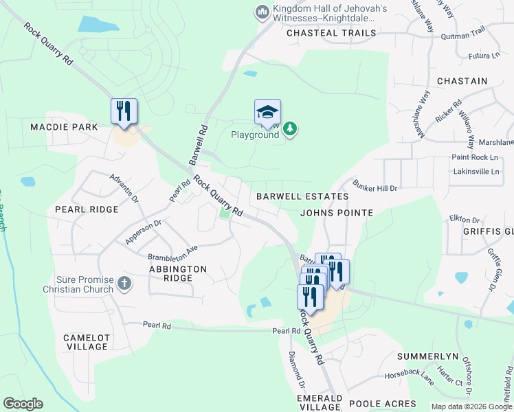 map of restaurants, bars, coffee shops, grocery stores, and more near 5909 Rock Quarry Road in Raleigh