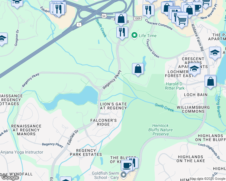 map of restaurants, bars, coffee shops, grocery stores, and more near 7000 Regency Parkway in Cary