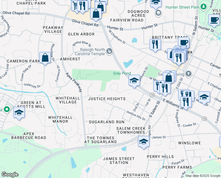 map of restaurants, bars, coffee shops, grocery stores, and more near 641 Upchurch Street in Apex