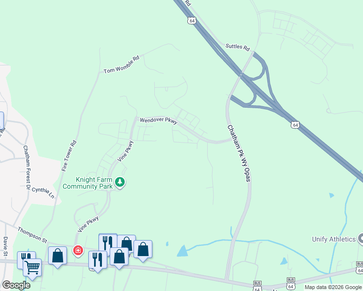 map of restaurants, bars, coffee shops, grocery stores, and more near 152 Norwell Lane in Pittsboro