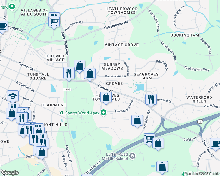 map of restaurants, bars, coffee shops, grocery stores, and more near 1303 Center Street in Apex