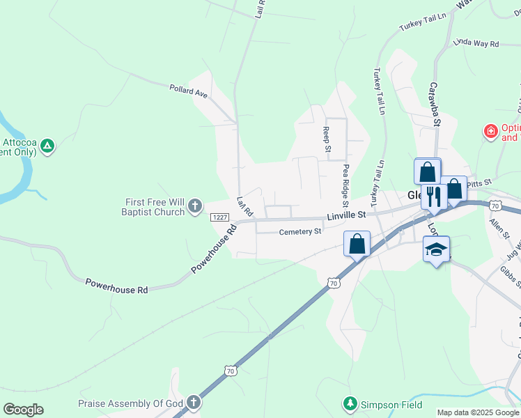 map of restaurants, bars, coffee shops, grocery stores, and more near 2835 Lail Road in Morganton