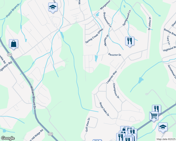 map of restaurants, bars, coffee shops, grocery stores, and more near 3884 Spyglass Drive in Maryville