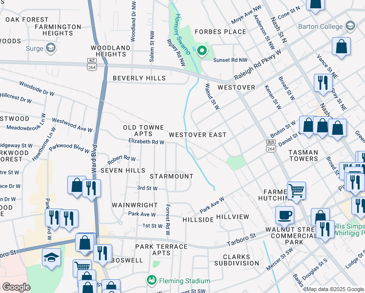 map of restaurants, bars, coffee shops, grocery stores, and more near Elizabeth Road West in Wilson