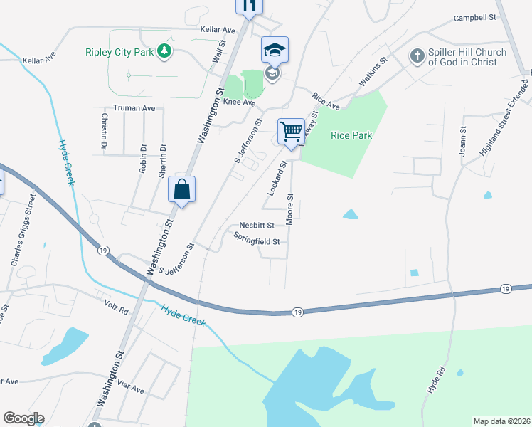 map of restaurants, bars, coffee shops, grocery stores, and more near 362 Lee Avenue in Ripley