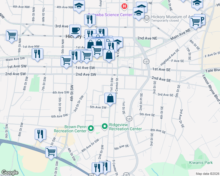 map of restaurants, bars, coffee shops, grocery stores, and more near 320 1st Street Southwest in Hickory