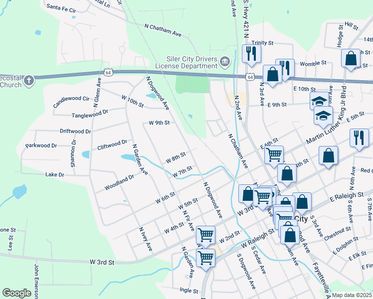 map of restaurants, bars, coffee shops, grocery stores, and more near 404 West 8th Street in Siler City