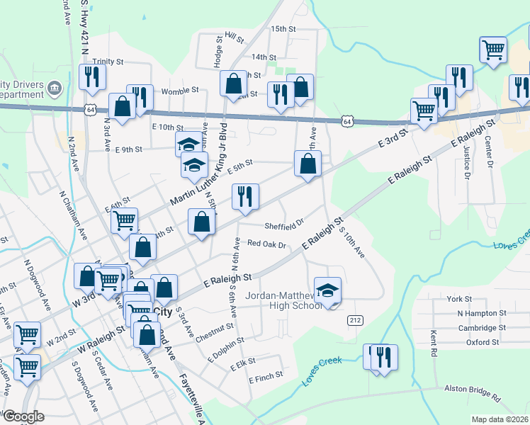 map of restaurants, bars, coffee shops, grocery stores, and more near 610 East 3rd Street in Siler City