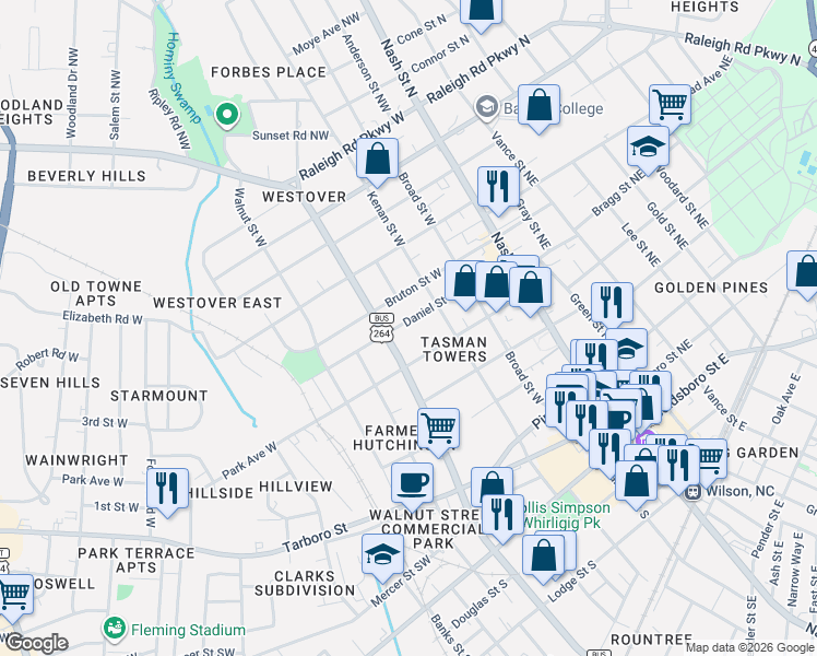 map of restaurants, bars, coffee shops, grocery stores, and more near 309 Daniel Street West in Wilson