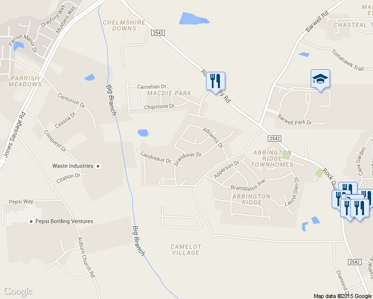 map of restaurants, bars, coffee shops, grocery stores, and more near 5427 Gunnette Drive in Raleigh