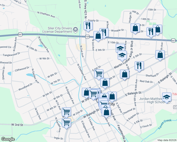 map of restaurants, bars, coffee shops, grocery stores, and more near 601 North 2nd Avenue in Siler City