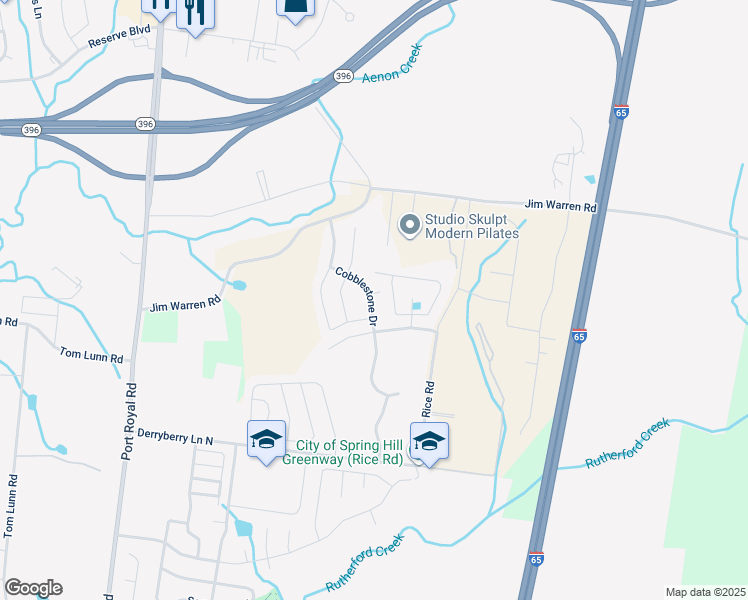 map of restaurants, bars, coffee shops, grocery stores, and more near 2015 Cobblestone Drive in Spring Hill
