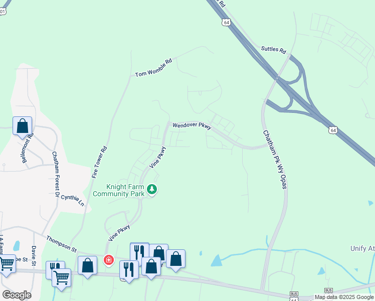 map of restaurants, bars, coffee shops, grocery stores, and more near 122 Shergold Drive in Pittsboro