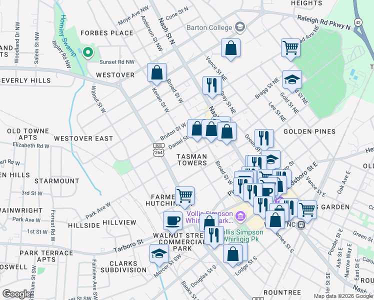 map of restaurants, bars, coffee shops, grocery stores, and more near 503 Kenan St W in Wilson