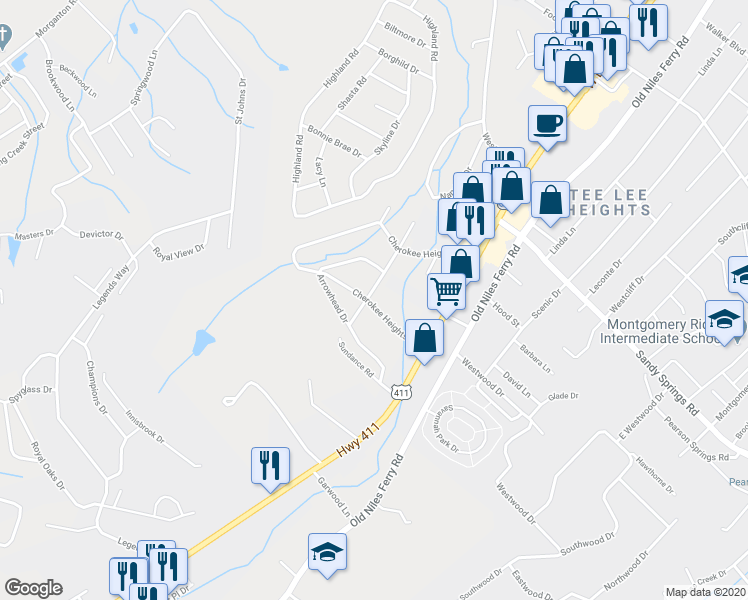 map of restaurants, bars, coffee shops, grocery stores, and more near 604 Cherokee Heights Drive in Maryville