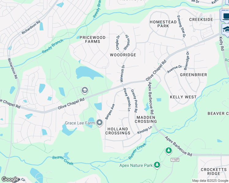 map of restaurants, bars, coffee shops, grocery stores, and more near 108 Bergen Avenue in Apex